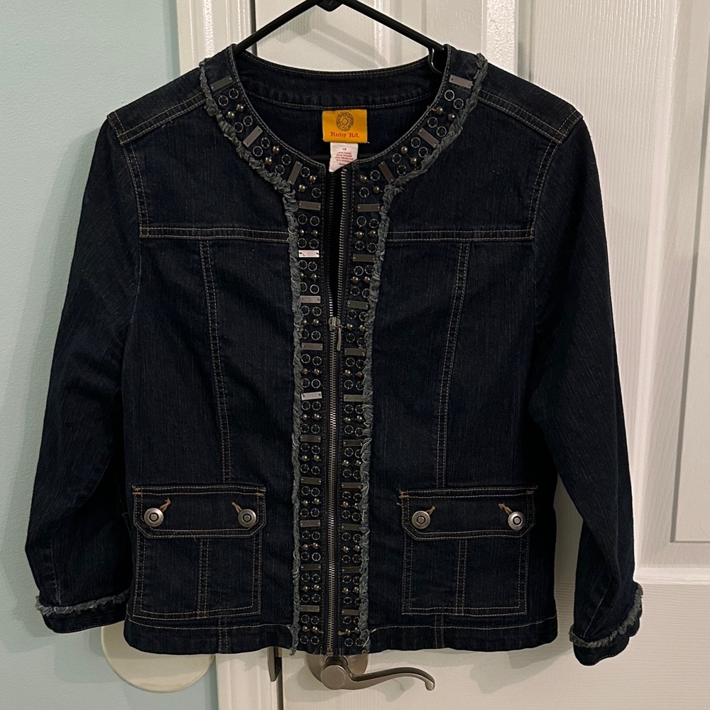 Ruby Rd. Dark Wash Jean Jacket with Embellished Trim